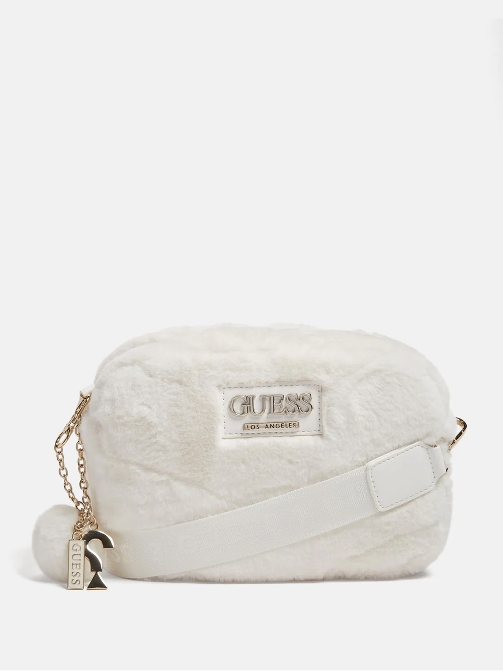 GUESS White Faux-Fur Crossbody Bag with Gold Accents